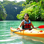 **Beginner Kayaking Experience**: 
   "A serene kayaking scene in Singapore, featuring a beginner paddler wearing a life jacket, surrounded by calm waters and lush greenery. The sunlight reflects off the clear water, with colorful fish visible beneath the surface. The paddler looks relaxed and joyful, enjoying the beauty of nature."