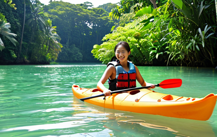 **Beginner Kayaking Experience**: 
   "A serene kayaking scene in Singapore, featuring a beginner paddler wearing a life jacket, surrounded by calm waters and lush greenery. The sunlight reflects off the clear water, with colorful fish visible beneath the surface. The paddler looks relaxed and joyful, enjoying the beauty of nature."