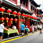 ** A vibrant scene in Chinatown, Singapore, showcasing traditional architecture adorned with red lanterns, bustling street food vendors serving Hokkien mee, and a mix of locals and tourists celebrating a cultural festival. Emphasize the fusion of old and new, capturing the energy and diversity of the community.

**