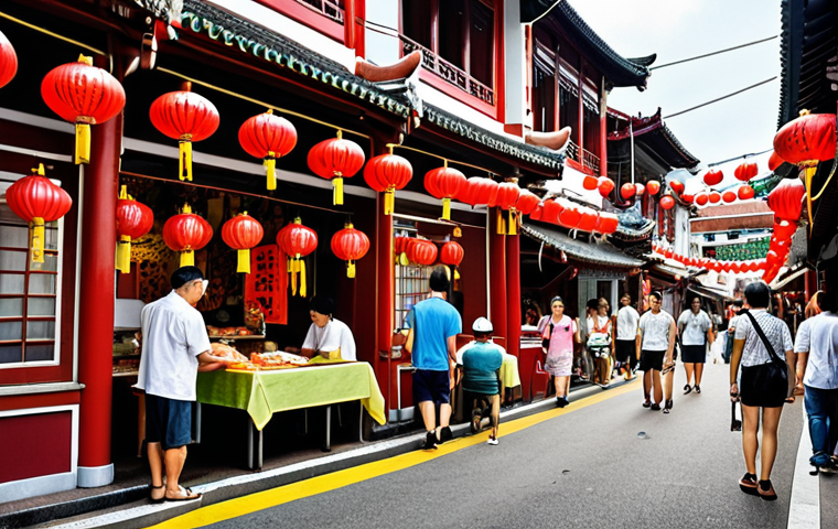 ** A vibrant scene in Chinatown, Singapore, showcasing traditional architecture adorned with red lanterns, bustling street food vendors serving Hokkien mee, and a mix of locals and tourists celebrating a cultural festival. Emphasize the fusion of old and new, capturing the energy and diversity of the community.

**